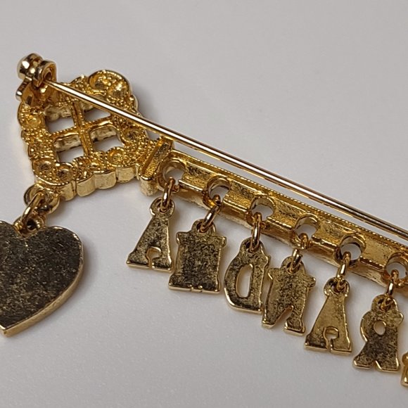 Grandma Key And Heart Vintage Gold Tone Dangle Brooch - Picture 11 of 14